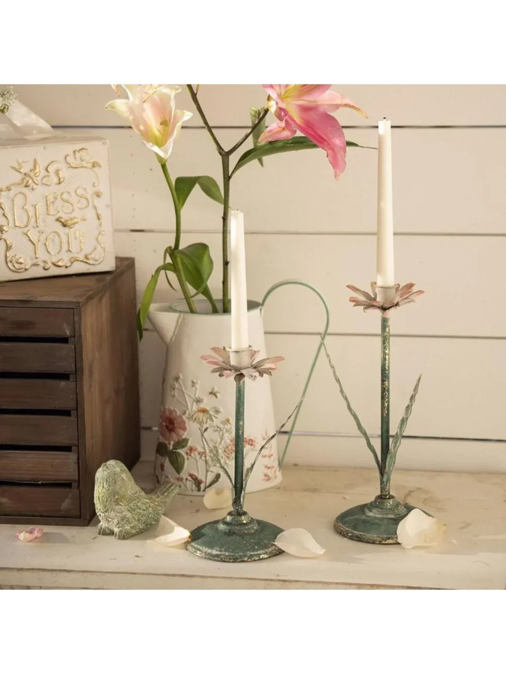 Rustic Vintage Metal Taper Candle Holders Set of 2 - Distressed Iron Decor for